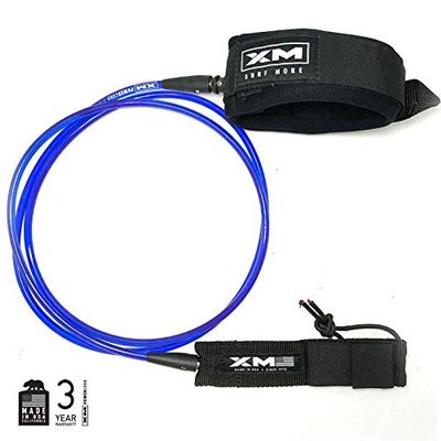 XM SURF MORE Knee/Calf Surfboard Leash 10ft., COMP Cord Thickness (.220 in.), Choose Length and Color, Key Pocket, Unbreakable Swivels, Detachable Railsaver, Made in USA
