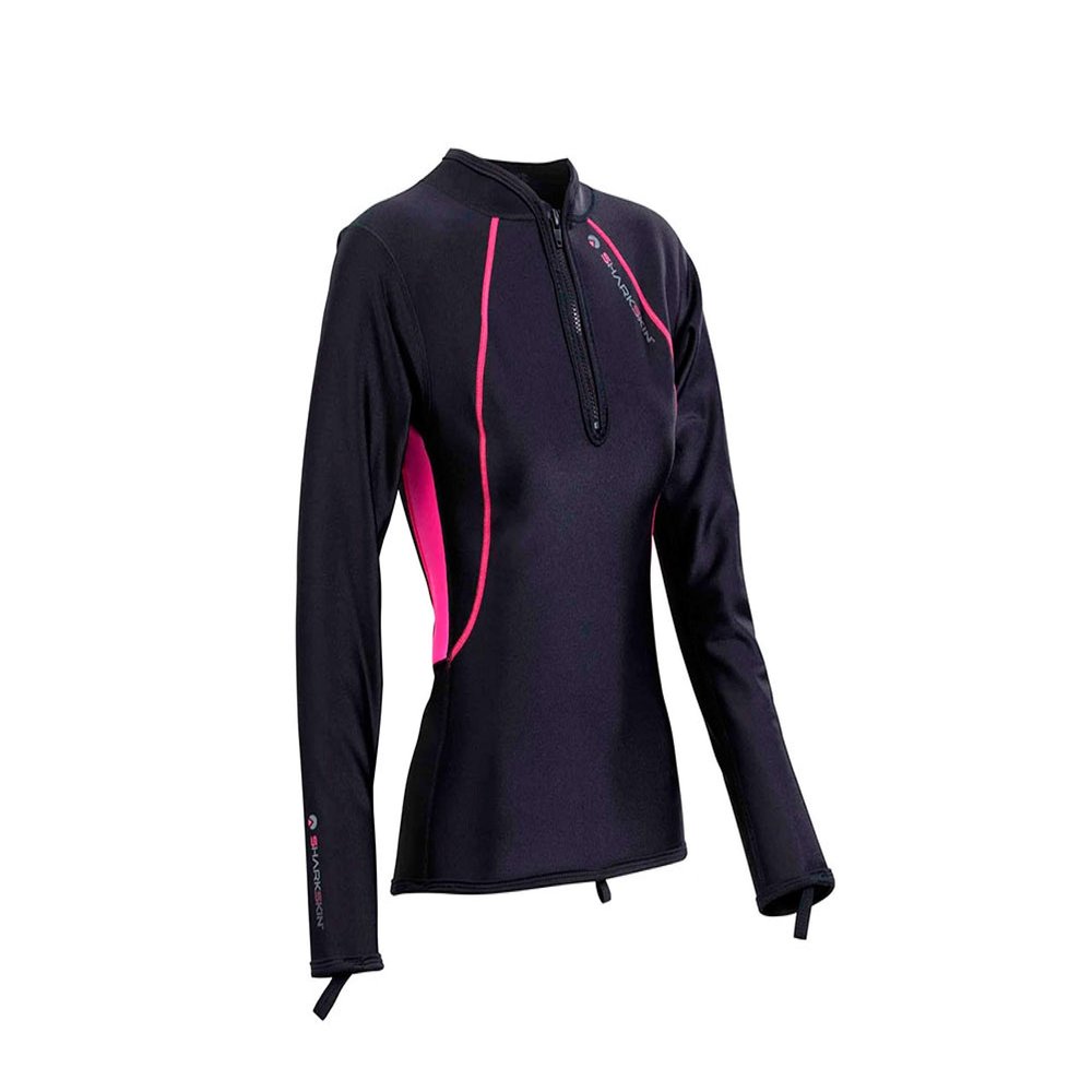 Sharkskin Women's Robust Chillproof Long Sleeve Chest Zip Shirt for Scuba Diving and Water Sports, Black/Pink, X-Large, WSSCPLSCZBKPK
