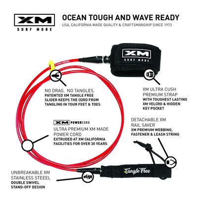 XM SURF MORE Comp 8ft Surfboard Leash with Tangle Free Upgrade, Cord Thickness (.220in), Key Pocket, Unbreakable Swivels, Detachable Railsaver, Made in USA