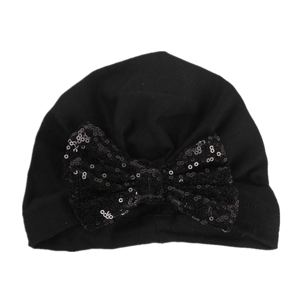 HZUX Big Bow Newborn Baby Cotton Cloth Turban Sparkle Sequin Toddler Rabbit Hat Kids Baby Cap Black