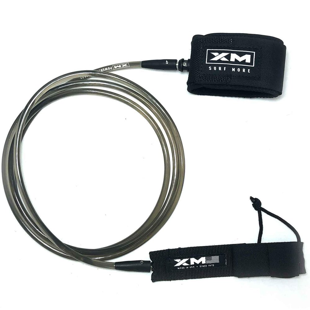 XM SURF MORE Premium Surfboard Leash, 7ft, Made in USA, Big Wave Cord Thickness (0.313in), Key Pocket, Unbreakable Swivels, Detachable Railsaver, Smoke Leash, Black Strap, Kink-Free [3 Year Warranty]
