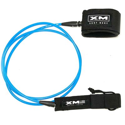 XM SURF MORE Premium Surfboard Leash, 5.5ft, Made in USA, Regular Cord Thickness (.270in), Key Pocket, Unbreakable Swivels, Detachable Railsaver, Blue Leash, Black Strap, Kink-Free [3 Year Warranty]