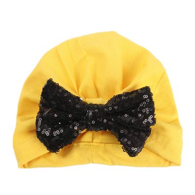 HZUX Big Bow Newborn Baby Cotton Cloth Turban Sparkle Sequin Toddler Rabbit Hat Kids Baby Cap Yellow
