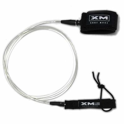 XM SURF MORE Premium Surfboard Leash, 5.5ft, Made in USA, Comp Cord Thickness (0.220in), Key Pocket, Unbreakable Swivels, Detachable Railsaver, Clear Leash, Black Strap, Kink-Free [3 Year Warranty]