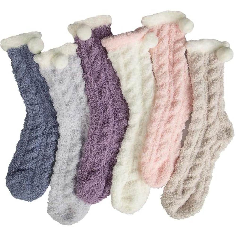 6 Pairs Womens Fuzzy Socks Winter Warm Soft Cozy Fluffy Microfiber House Sleeping Slipper Socks Christmas Gifts,B- Solid Patchwork