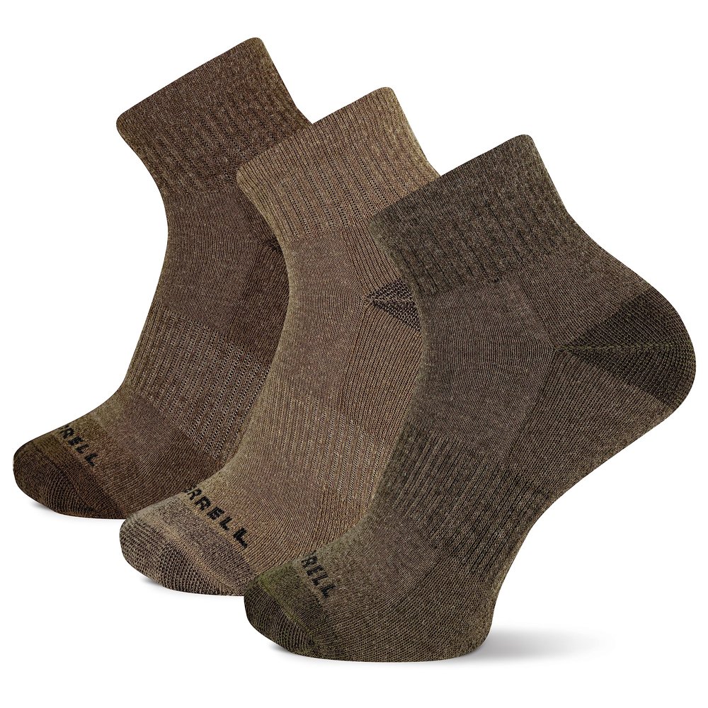 Men's Merrell Wool Blend Cushioned Hiker Quarter Socks 3 Pair, Olive, Oatmeal, Brown, M/L (Men's Shoe Size: 9.5-12) (MEA33505Q3U2001)