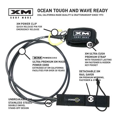 XM SURF MORE Regular 8ft Surfboard Leash with Power Clip Quick Release Upgrade, Cord Thickness (.270in), Key Pocket, Unbreakable Swivels, Detachable Railsaver, Made in USA