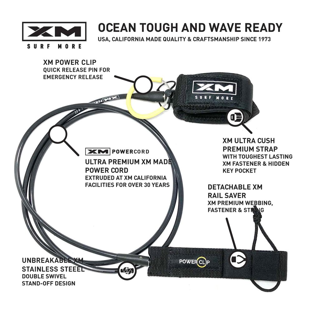 XM SURF MORE Regular 8ft Surfboard Leash with Power Clip Quick Release Upgrade, Cord Thickness (.270in), Key Pocket, Unbreakable Swivels, Detachable Railsaver, Made in USA