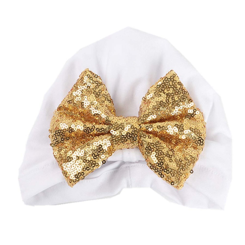 HZUX Big Bow Newborn Baby Cotton Cloth Turban Sparkle Sequin Toddler Rabbit Hat Kids Baby Cap White