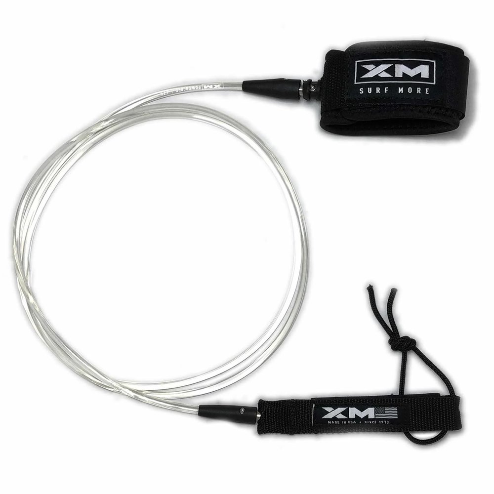 XM SURF MORE Premium Surfboard Leash, 5.5ft, Made in USA, Regular Cord Thickness (.270in), Key Pocket, Unbreakable Swivels, Detachable Railsaver, Clear Leash, Black Strap, Kink-Free [3 Year Warranty]