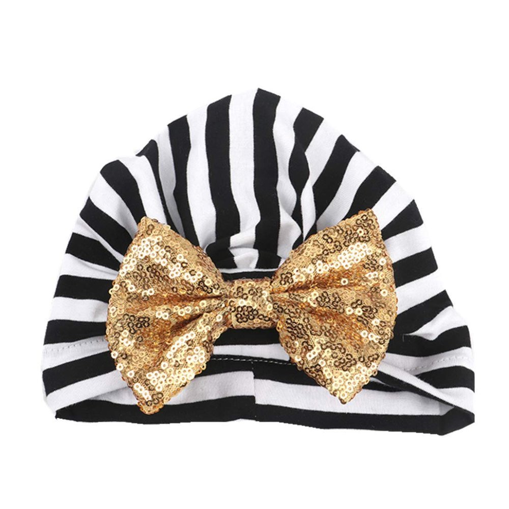 HZUX Big Bow Newborn Baby Cotton Cloth Turban Sparkle Sequin Toddler Rabbit Hat Kids Baby Cap Black-White
