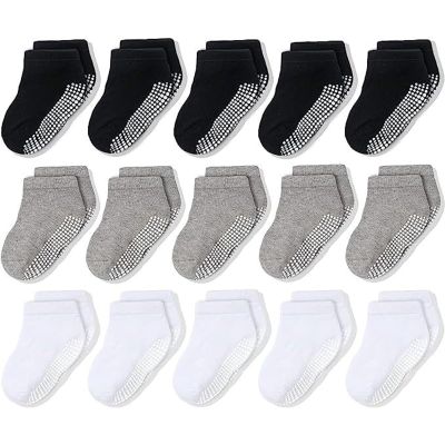 CozyWay Toddler Socks with Grippers - Cotton Non-Slip Grip Socks for Toddler Boys & Girls - Low-Cut, 15 Pairs, 1T-3T, Black White Gray