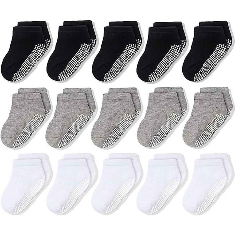CozyWay Toddler Socks with Grippers - Cotton Non-Slip Grip Socks for Toddler Boys & Girls - Low-Cut, 15 Pairs, 1T-3T, Black White Gray