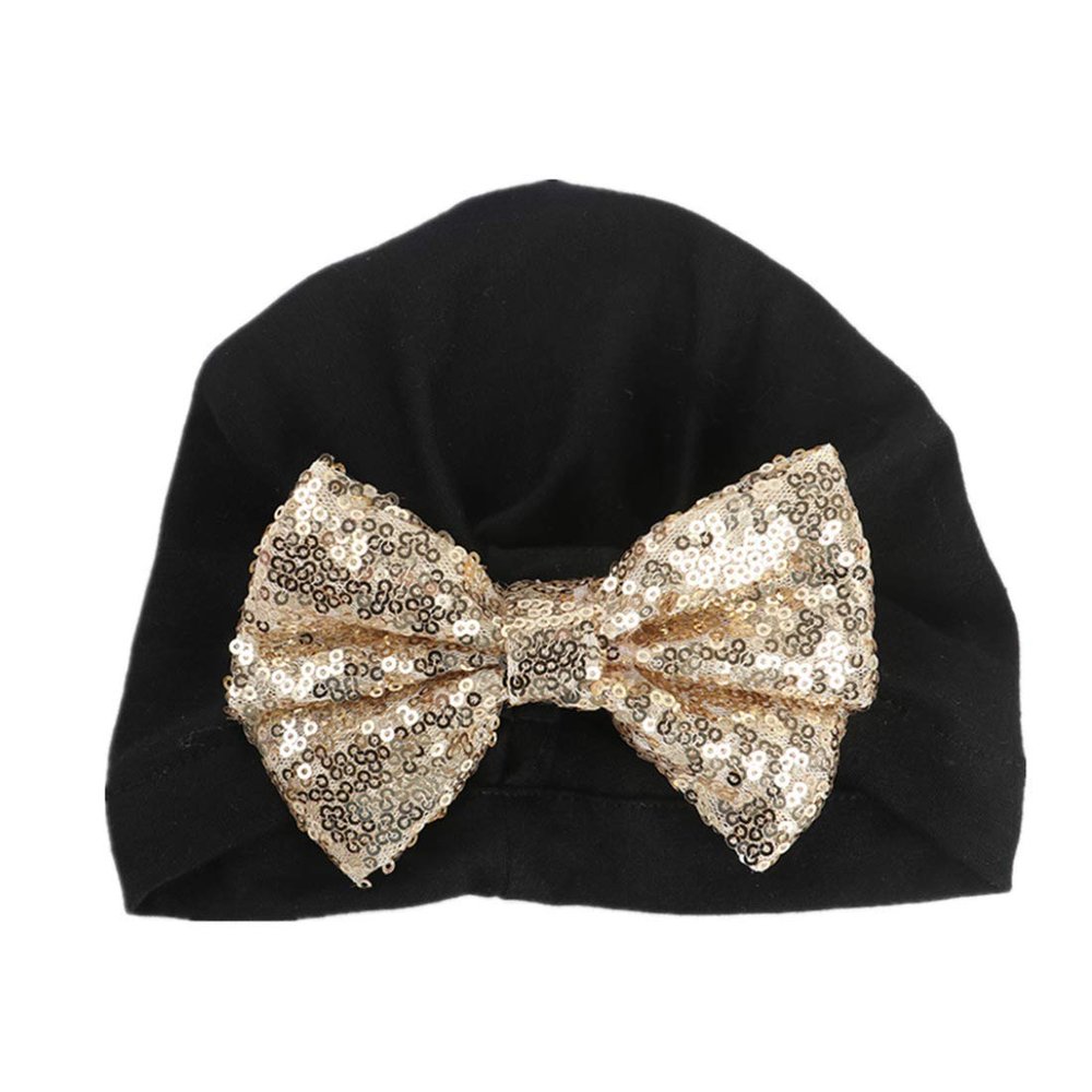 HZUX Big Bow Newborn Baby Cotton Cloth Turban Sparkle Sequin Toddler Rabbit Hat Kids Baby Cap Black-Gold