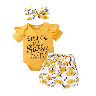 3 PCS/Set Baby Girls Clothes Ruffle Short Sleeve Rompers+Floral Shorts+Baby Headband Newborn Baby Outfits (0-3 Months,Yellow)