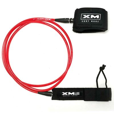 XM SURF MORE Premium Surfboard Leash, 5.5ft, Made in USA, Regular Cord Thickness (.270in), Key Pocket, Unbreakable Swivels, Detachable Railsaver, Red Leash, Black Strap, Kink-Free [3 Year Warranty]