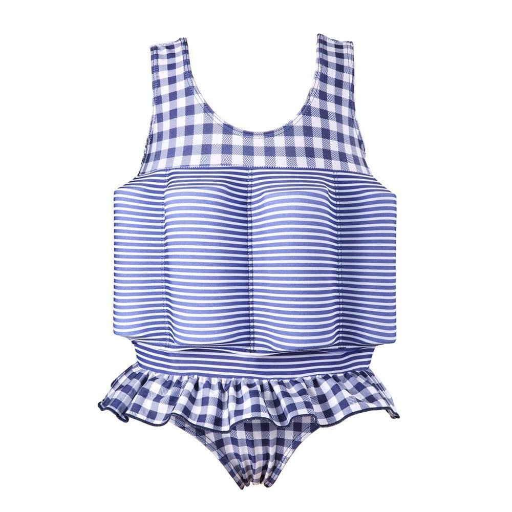 Kids Baby Floatation Swimsuit with Adjustable Buoyancy Float Suit Swim Vest One Piece Floating Swimwear for Boys Girls Toddler Learn to Swimming Bathing Suit Blue (Check Striped) 18-24 Months
