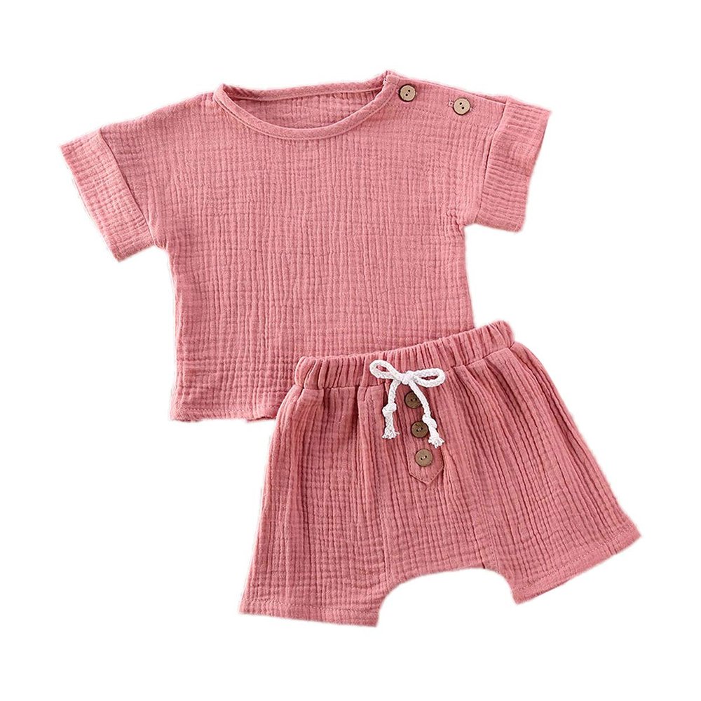 Newborn Infant Baby Boy Girl Summer Clothes Short Sleeve T-Shirt Top Cotton Linen Drawstring Shorts 2Pcs Outfit Set (Pink,6-12 Months)