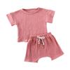 Newborn Infant Baby Boy Girl Summer Clothes Short Sleeve T-Shirt Top Cotton Linen Drawstring Shorts 2Pcs Outfit Set (Pink,6-12 Months) view 1