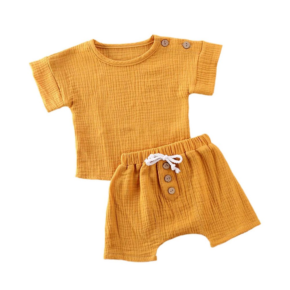 Newborn Infant Baby Boy Girl Summer Clothes Short Sleeve T-Shirt Top Cotton Linen Drawstring Shorts 2Pcs Outfit Set (Yellow,6-12 Months)