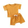 Newborn Infant Baby Boy Girl Summer Clothes Short Sleeve T-Shirt Top Cotton Linen Drawstring Shorts 2Pcs Outfit Set (Yellow,6-12 Months) view 1