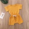 Newborn Infant Baby Boy Girl Summer Clothes Short Sleeve T-Shirt Top Cotton Linen Drawstring Shorts 2Pcs Outfit Set (Yellow,6-12 Months) view 2