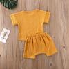 Newborn Infant Baby Boy Girl Summer Clothes Short Sleeve T-Shirt Top Cotton Linen Drawstring Shorts 2Pcs Outfit Set (Yellow,6-12 Months) view 3
