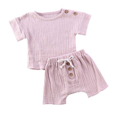 Newborn Infant Baby Boy Girl Summer Clothes Short Sleeve T-Shirt Top Cotton Linen Drawstring Shorts 2Pcs Outfit Set (Purple,0-6 Months)