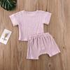 Newborn Infant Baby Boy Girl Summer Clothes Short Sleeve T-Shirt Top Cotton Linen Drawstring Shorts 2Pcs Outfit Set (Purple,0-6 Months) view 3
