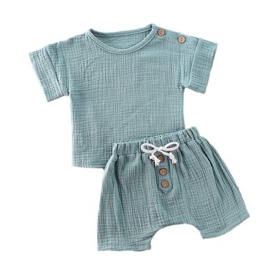 Newborn Infant Baby Boy Girl Summer Clothes Short Sleeve T-Shirt Top Cotton Linen Drawstring Shorts 2Pcs Outfit Set (Blue,12-18 Months)