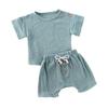 Newborn Infant Baby Boy Girl Summer Clothes Short Sleeve T-Shirt Top Cotton Linen Drawstring Shorts 2Pcs Outfit Set (Blue,12-18 Months) view 1