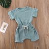 Newborn Infant Baby Boy Girl Summer Clothes Short Sleeve T-Shirt Top Cotton Linen Drawstring Shorts 2Pcs Outfit Set (Blue,12-18 Months) view 2