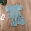 Newborn Infant Baby Boy Girl Summer Clothes Short Sleeve T-Shirt Top Cotton Linen Drawstring Shorts 2Pcs Outfit Set (Blue,12-18 Months) view 3