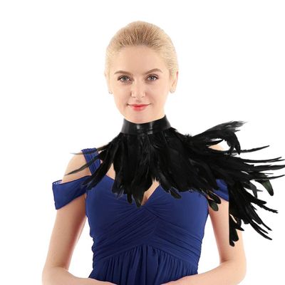 FEESHOW Gothic Natural Dyed Rooster Feather Cape Shawl Shoulder Wings Choker Collar Halloween Shrug Wrap Type B Black One Size