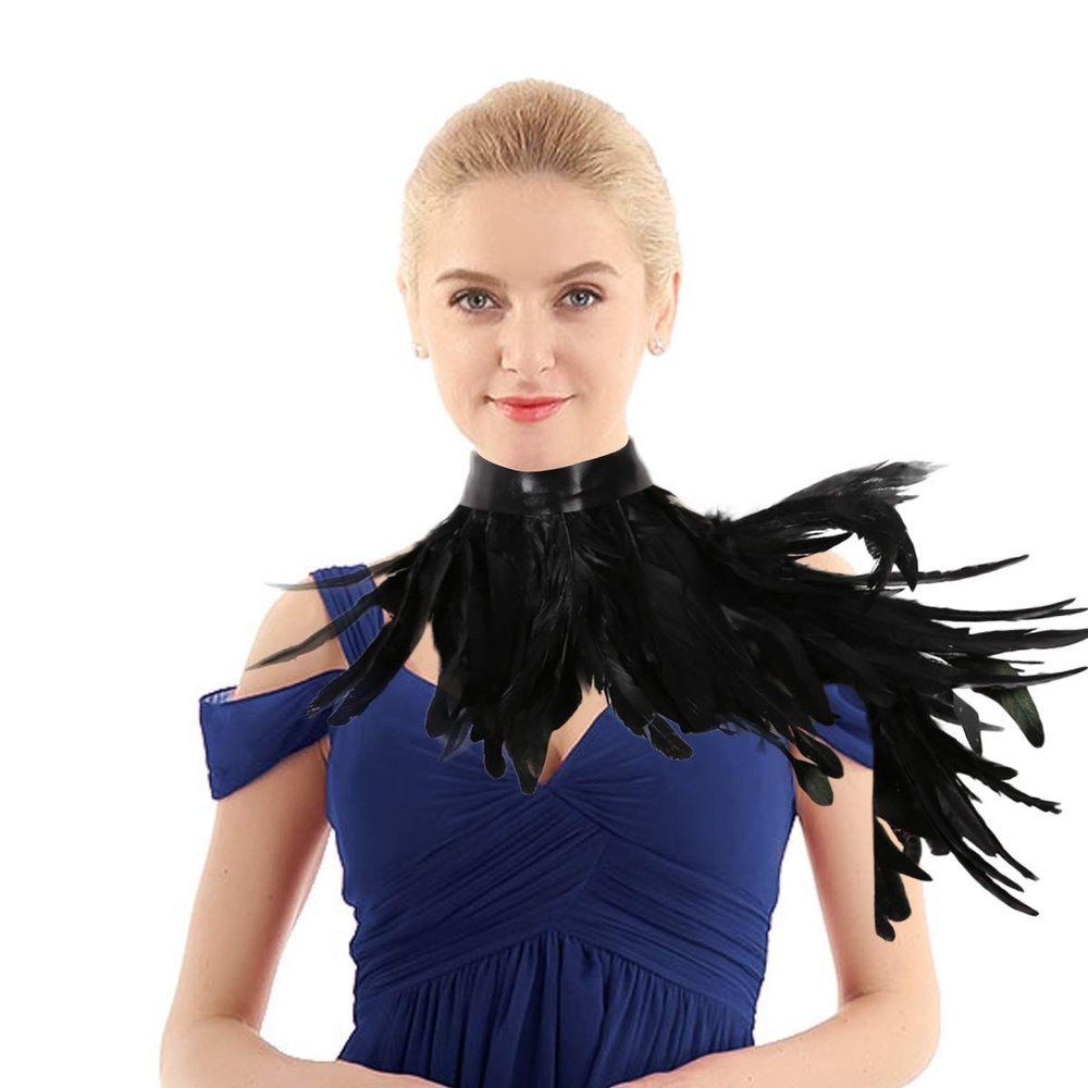 FEESHOW Gothic Natural Dyed Rooster Feather Cape Shawl Shoulder Wings Choker Collar Halloween Shrug Wrap Type B Black One Size