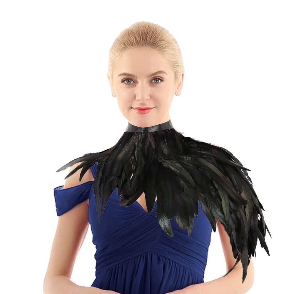 FEESHOW Gothic Natural Dyed Rooster Feather Cape Shawl Shoulder Wings Choker Collar Halloween Shrug Wrap Type A Black One Size