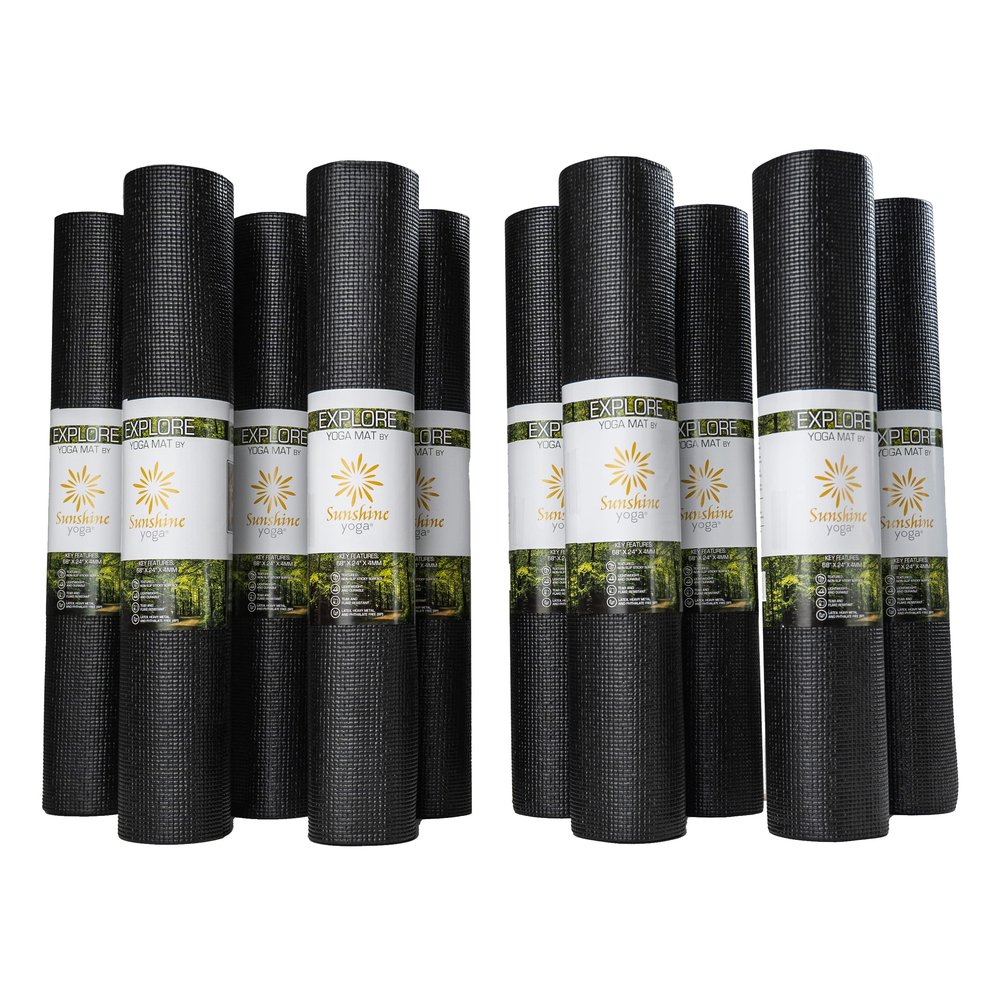 Sunshine Yoga 10-Pack Explore Yoga Mat, 68" x 24" Exercise Mat, 4mm Thick Non Slip Workout Mat, Anti-Tear Gym Mat, Bulk Yoga Mats for Schools or Studios, Black