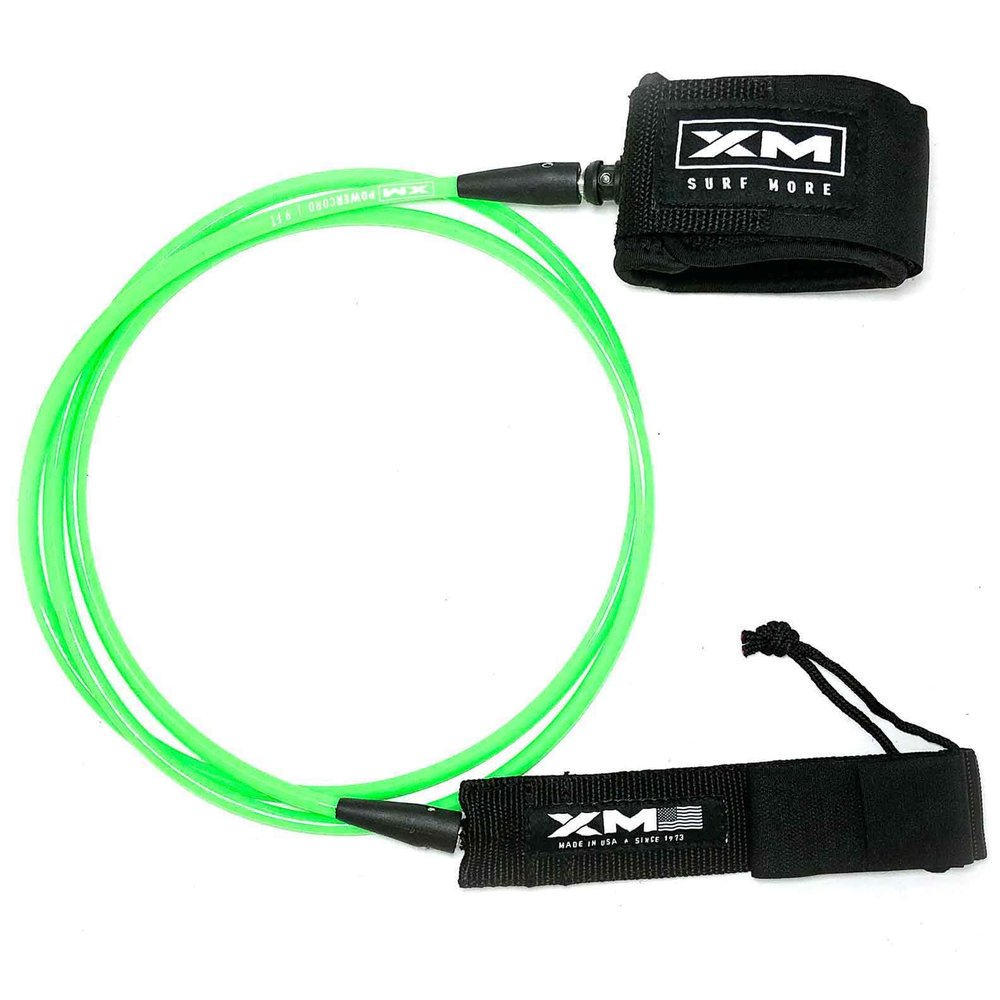 XM SURF MORE Premium Surfboard Leash, 7ft, Made in USA, Regular Cord Thickness (.270in), Key Pocket, Unbreakable Swivels, Detachable Railsaver, Lime Leash, Black Strap, Kink-Free [3 Year Warranty]