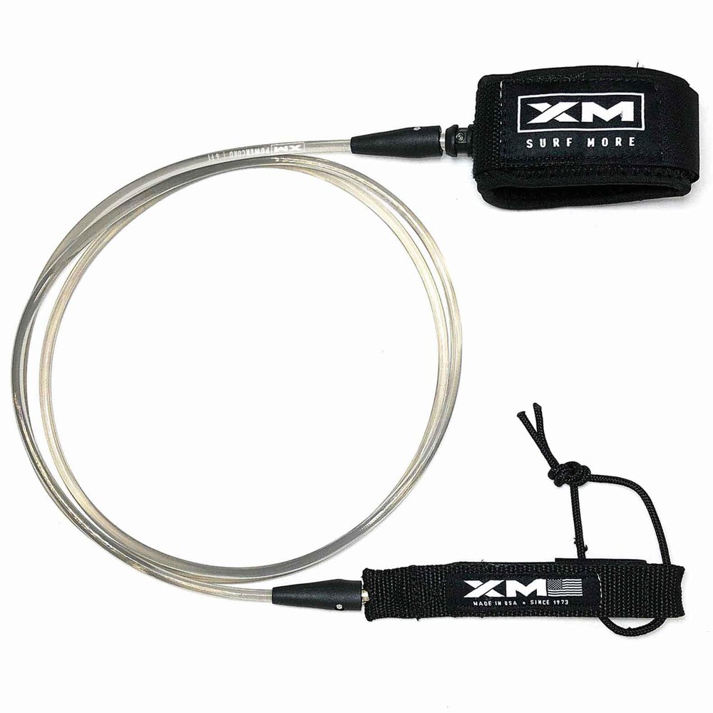 XM SURF MORE Premium Surfboard Leash, 7ft, Made in USA, Comp Cord Thickness (0.220in), Key Pocket, Unbreakable Swivels, Detachable Railsaver, Smoke Leash, Black Strap, Kink-Free [3 Year Warranty]