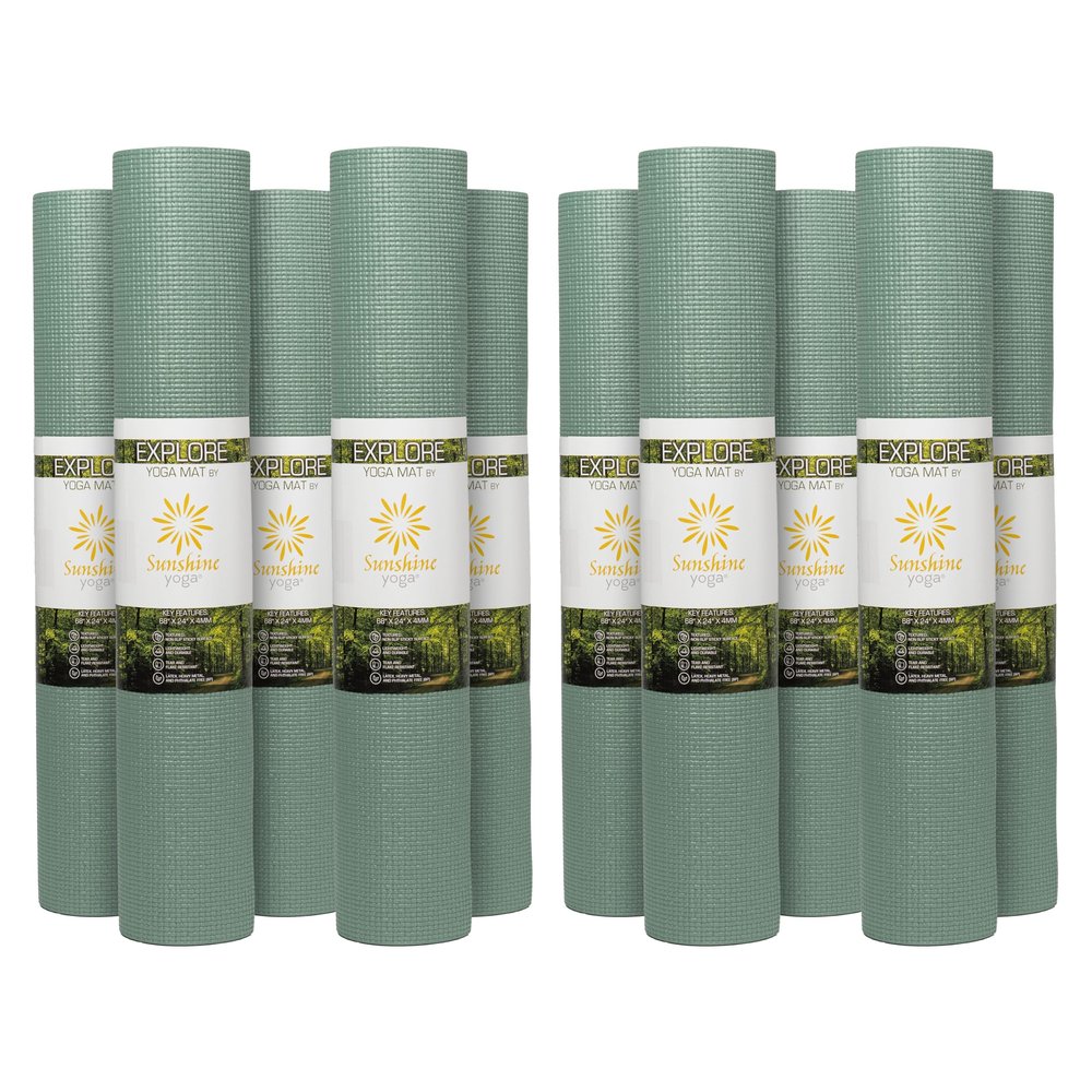 Sunshine Yoga 10-Pack Explore Yoga Mat, 68" x 24" Exercise Mat, 4mm Thick Non Slip Workout Mat, Anti-Tear Gym Mat, Bulk Yoga Mats for Schools or Studios, Sage