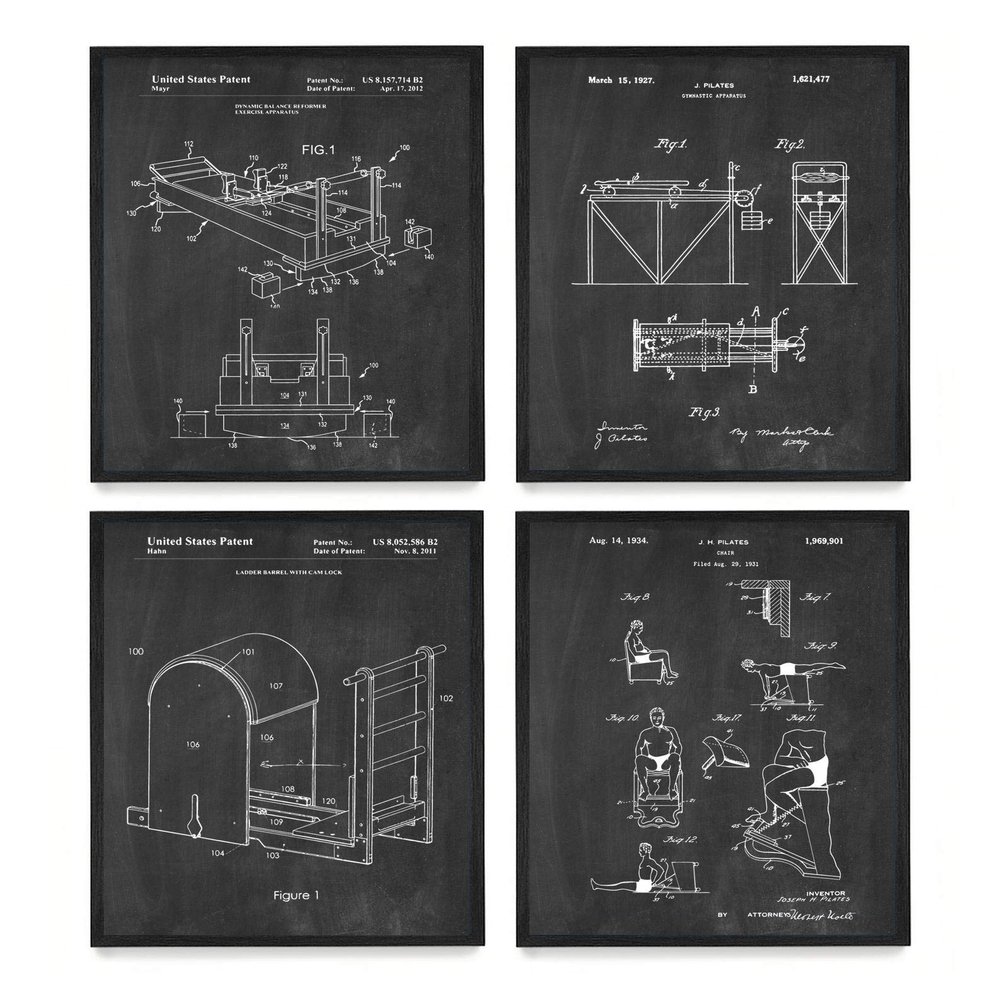 - Pilates Studio Exercise Patent Poster Art - Pilates Wall Art - Fitness Decor - Set of 4-11 x 14 Framed Prints