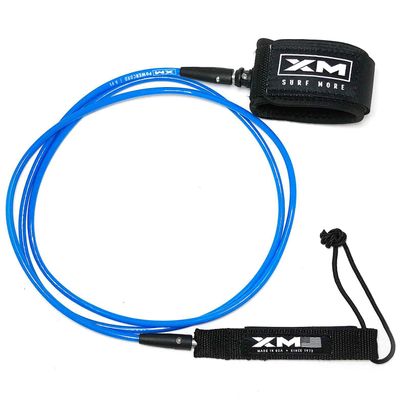 XM SURF MORE Premium Surfboard Leash, 7ft, Made in USA, Comp Cord Thickness (0.220in), Key Pocket, Unbreakable Swivels, Detachable Railsaver, Blue Leash, Black Strap, Kink-Free [3 Year Warranty]
