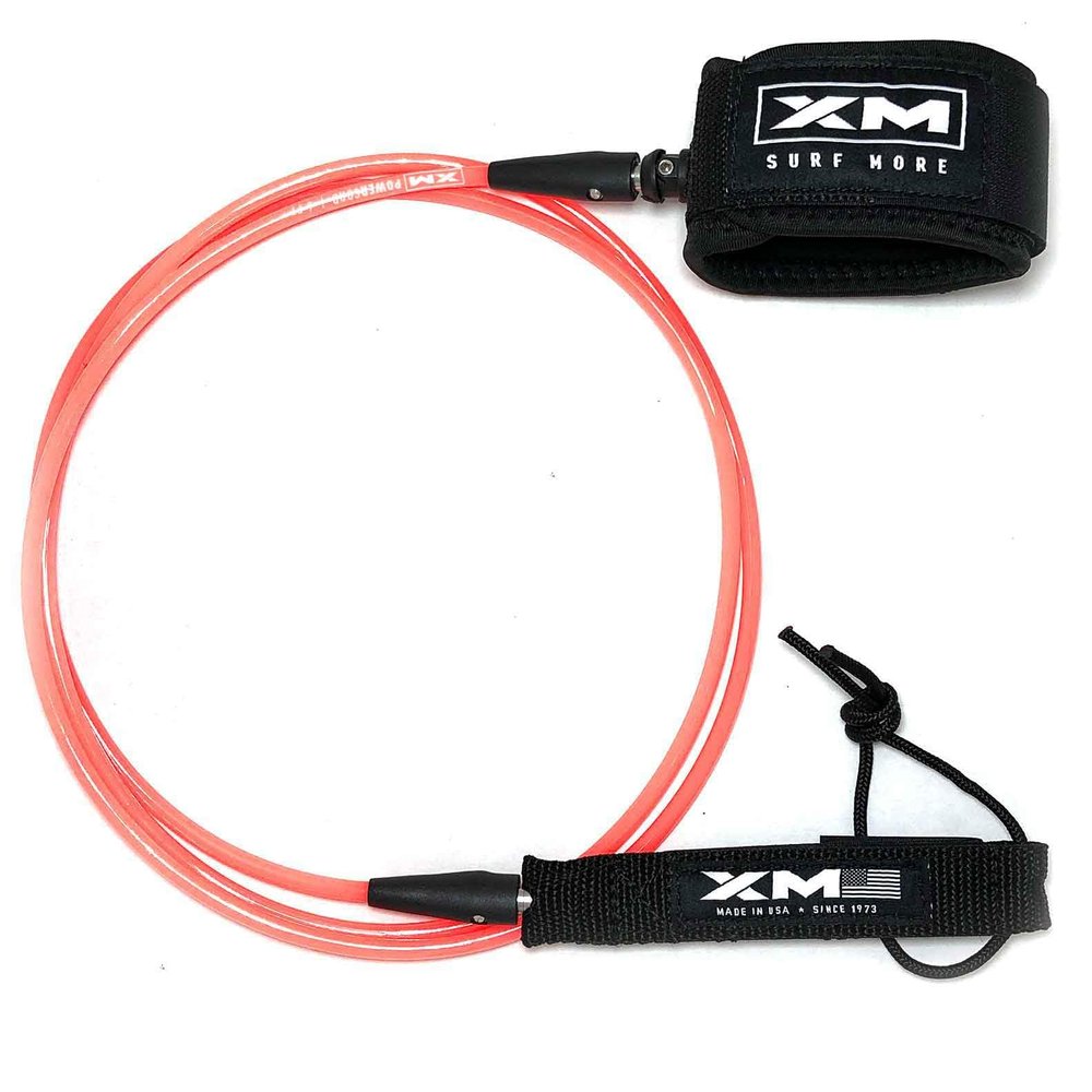 XM SURF MORE Premium Surfboard Leash, 7ft, Made in USA, Comp Cord Thickness (0.220in), Key Pocket, Unbreakable Swivels, Detachable Railsaver, Coral Leash, Black Strap, Kink-Free [3 Year Warranty]