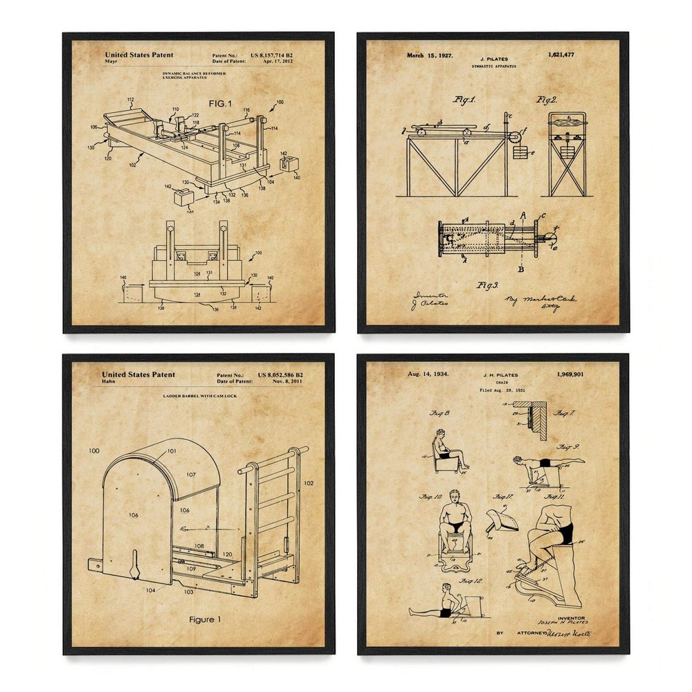 - Pilates Studio Exercise Patent Poster Art - Pilates Wall Art - Fitness Decor - Set of 4-8 x 10 Framed Prints