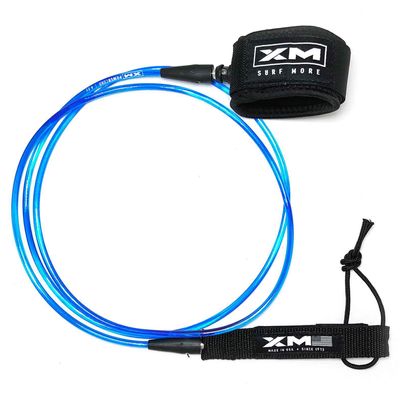 XM SURF MORE Premium Surfboard Leash, 9ft, Made in USA, Comp Cord Thickness (0.220in), Key Pocket, Unbreakable Swivels, Detachable Railsaver, Blue Leash, Black Strap, Kink-Free [3 Year Warranty]
