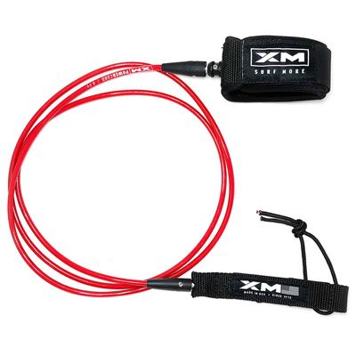 XM SURF MORE Premium Surfboard Leash, 8ft, Made in USA, Comp Cord Thickness (0.220in), Key Pocket, Unbreakable Swivels, Detachable Railsaver, Red Leash, Black Strap, Kink-Free [3 Year Warranty]