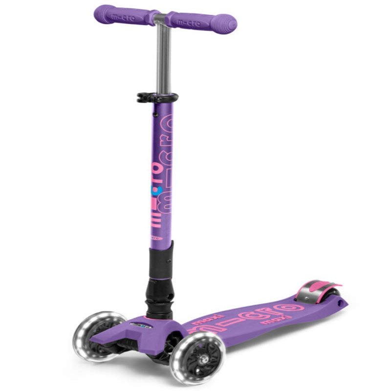 Micro Kickboard - Maxi Deluxe Foldable LED - Three Wheeled, Lean-to-Steer, Fold-to-Carry Swiss-Designed Micro Scooter for Kids with Motion-Activated Light-Up Wheels for Ages 5-12 (Purple)
