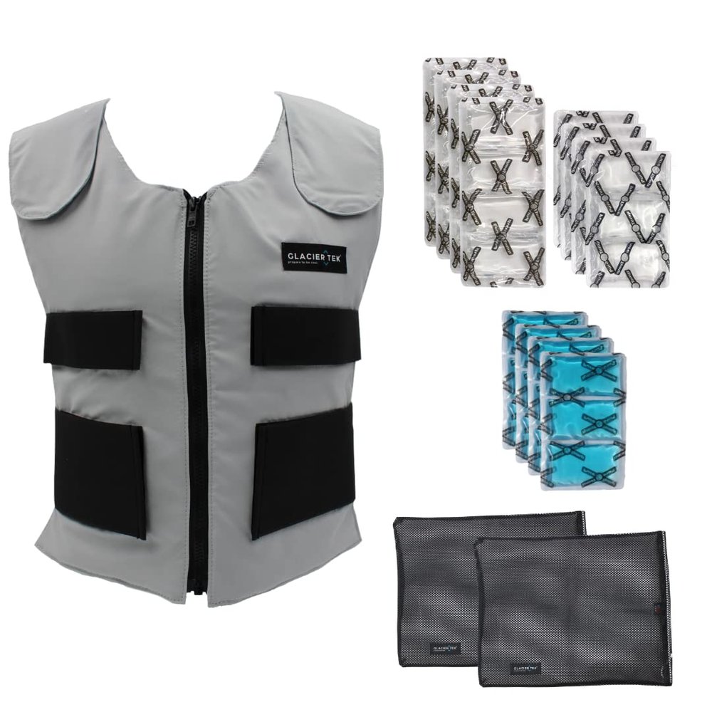 Glacier Tek Sports Cool Vest Bundle, with Biobased Cooling Packs Plus Booster Pack Set Lgray