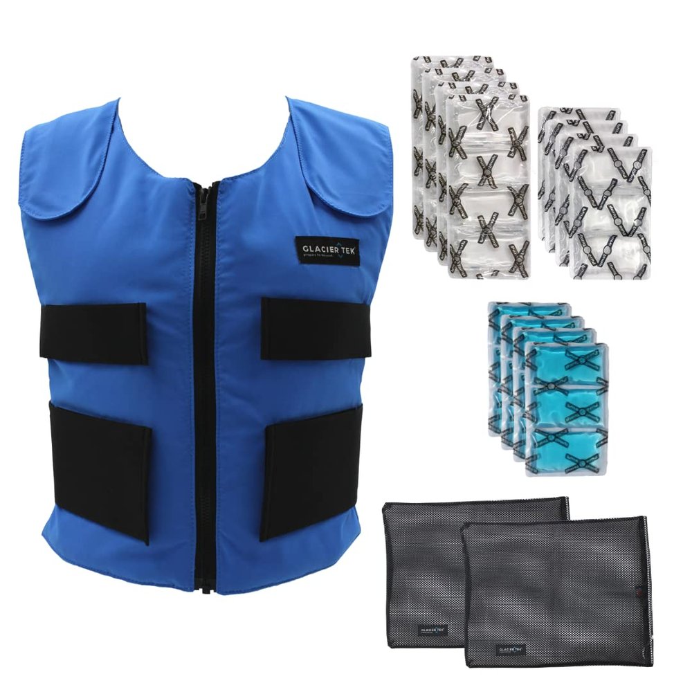 Glacier Tek Sports Cool Vest Bundle, with Biobased Cooling Packs Plus Booster Pack Set Blue