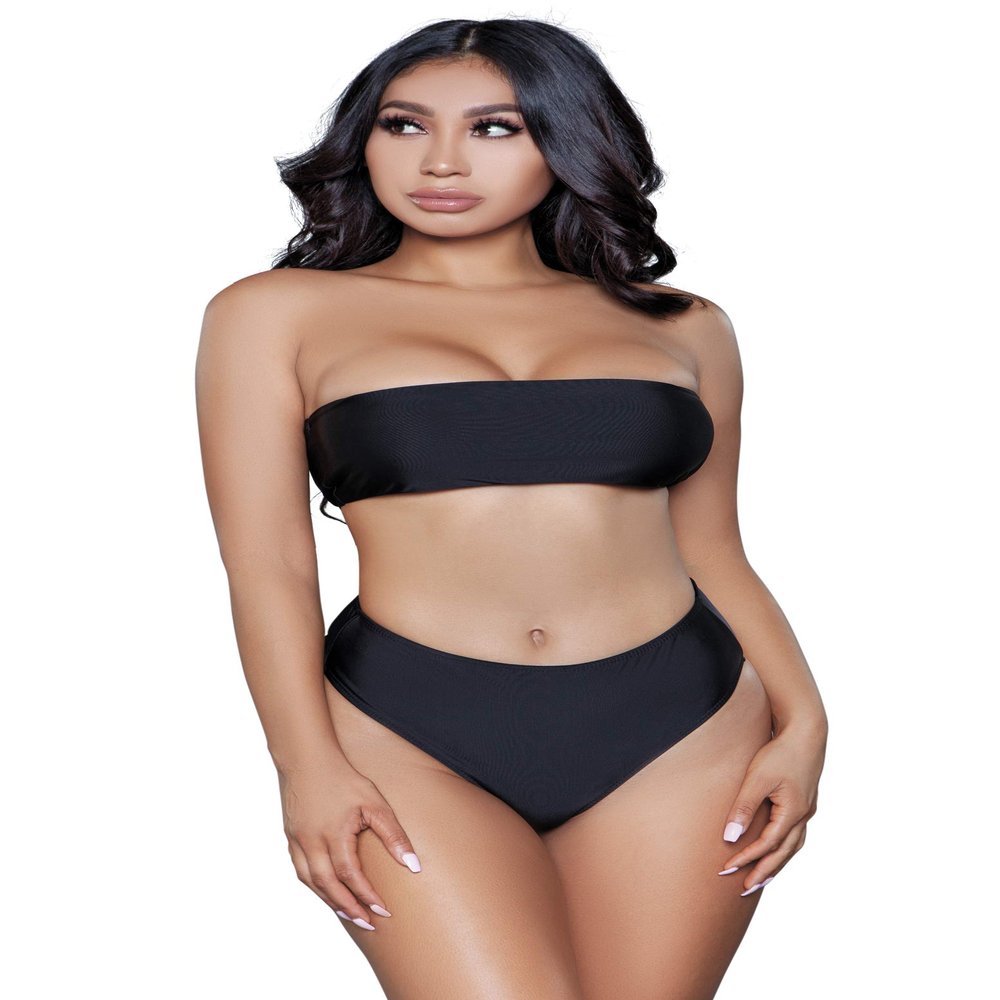 Be Wicked Sexy Black Bandeau Top and High Waist Cheeky Bikini Bathing Suit (Black, Medium)